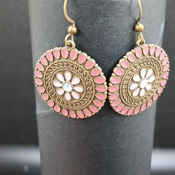 BRONZE pink floral earrings boho mandala minimalist - Picture 1 of 5